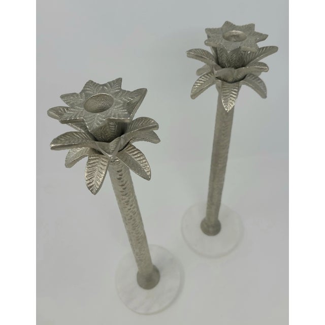 1990s Marble and Silver Color Cast Tall Metal Palm Tree Candle Sticks a Pair For Sale - Image 5 of 11