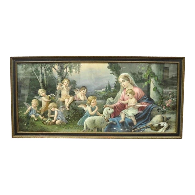 Vintage Mataloni Giovanni Large Art Print of Mary Jesus Lamb Angels For Sale