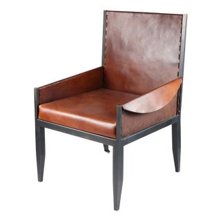 Jean-Michel Frank Style Tall-Back Chair in Cognac Vegan Leather & Steel For Sale