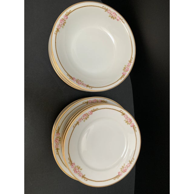 1950s French Limoges Vintage Pink Rosette Patterned China Plates and Bowls, Set of Nineteen For Sale - Image 5 of 10