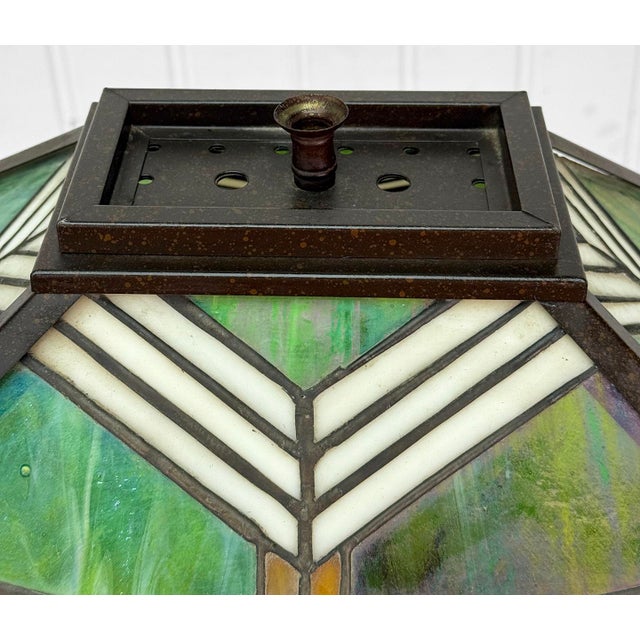 Green Antique Arts & Crafts Slag Glass Oak Table Lamp For Sale - Image 8 of 12