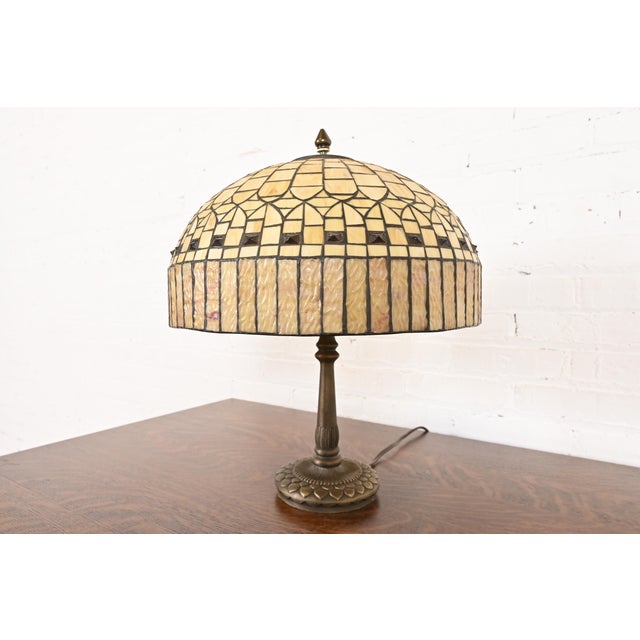 Art Deco Tiffany Studios Style Arts & Crafts Table Lamp With Jeweled Caramel Glass Shade For Sale - Image 3 of 11