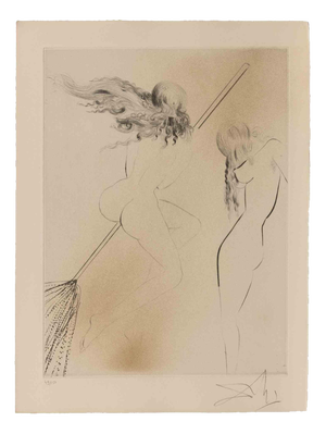Witch with Broomstick, 1960s, Etching