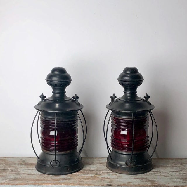 1900 - 1909 1900 Red Glass Ship's Lanterns - a Pair For Sale - Image 5 of 5
