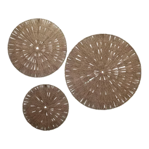 Set of 3 Vintage 20th Century Modern Jute Rope Wall Sculptures on Round Metal Hemp Seagrass Wicker Style Frames Inspired by Mario Lopez Torres