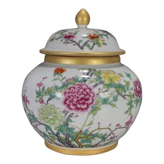 Famille Rose Enameled Porcelain Ginger Jar With Gilt Finial and Peony Motif For Sale