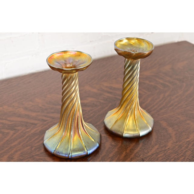 Tiffany Studios Louis Comfort Tiffany Favrile Iridescent Art Glass Candlesticks, Pair For Sale - Image 4 of 13