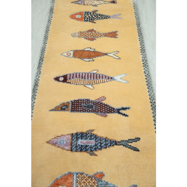 Koi Fish Yellow Hand Knotted Runner Rug 2.6x12Ft. For Sale - Image 11 of 15