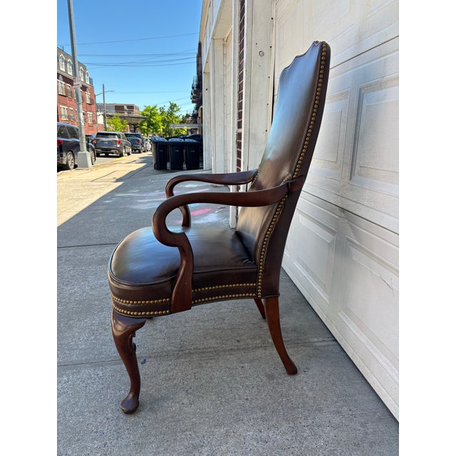 Hickory Furniture Vintage Hickory Chair Leather Library Armchair | English Georgian Queen Anne Style Accent Chair For Sale - Image 4 of 12
