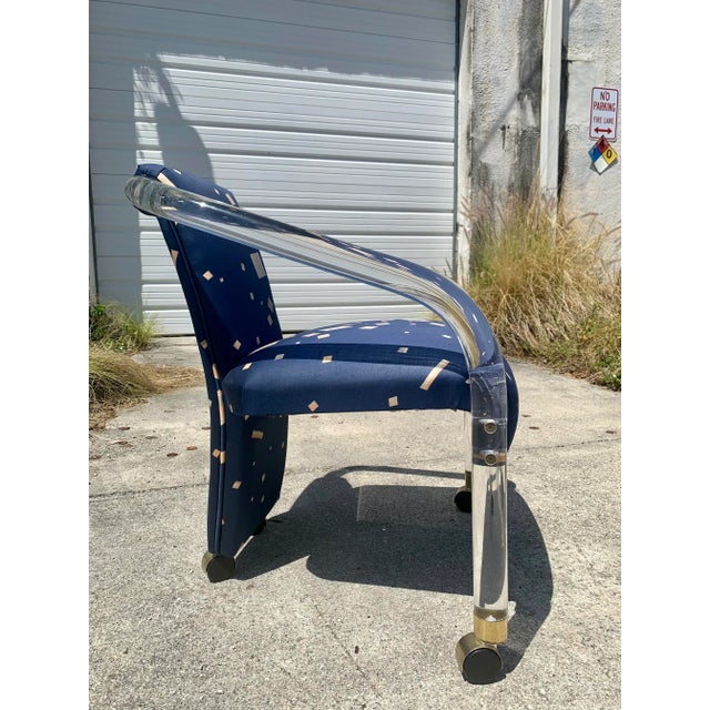 Blue Upholstered Charles Hollis Jones Style Lucite Dining Chairs - Set of 4 For Sale - Image 8 of 13