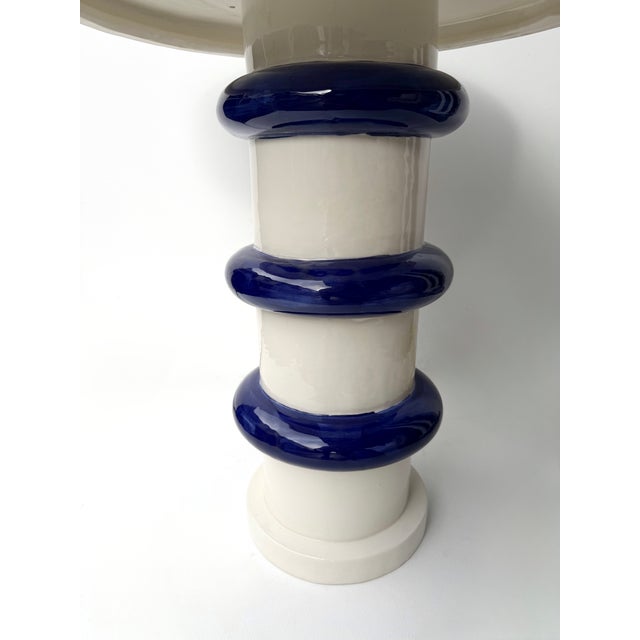 2020s Contemporary Pair of Blue and White Ceramic Stripe Side Tables. Italy For Sale - Image 5 of 12