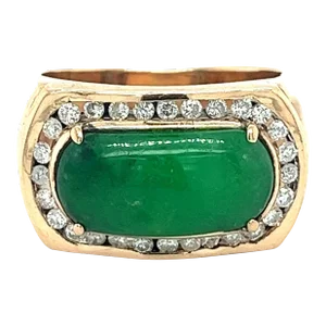 Vintage 18K Gold Horizontally Set Wide Jadeite Jade and Channel Set Diamond Halo, Size 7