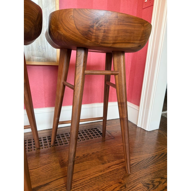 Chestnut Set of 4 High End Solid Walnut Tractor Counter Stools For Sale - Image 8 of 10
