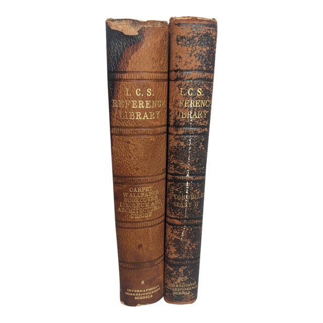 Antique i.c.s. Reference Library Books – Brown & Black Leather-Bound Design Volumes, Pair For Sale