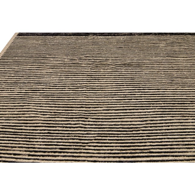 Modern Moroccan Bohemian Style Black and Beige Handmade Striped Motif Wool Rug For Sale - Image 9 of 10