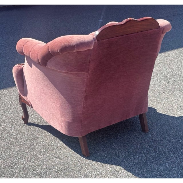 Vintage French Provincial Blush Pink Velvet Armchair With Carved Wood Frame For Sale - Image 4 of 7