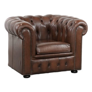 English Chesterfield Brown Cowhide Club Armchair For Sale