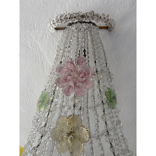 Light Yellow Huge Beaded Colorful Murano Flowers Sconces, Circa 1940 Italian One of a Kind - a Pair For Sale - Image 8 of 14