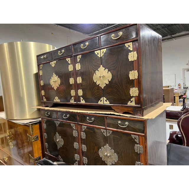 Brown Vintage Chinoiserie Chests With Brass Hardware - A Pair For Sale - Image 8 of 13