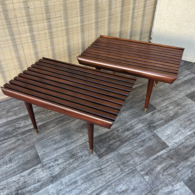 A Pair of Vintage Newly Restored Mid Century Modern George Nelson Style Wood Slat Benches / Side Tables. Circa 1960s...