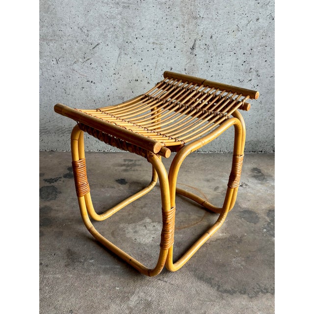 Mid-Century Modern Vintage Coastal Franco Albini Style Rattan and Cane Stool, 1960s, Italy For Sale - Image 3 of 8