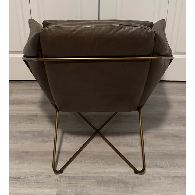 West Elm West Elm Origami Leather Armchair Gray Leather Lounge Chair With Brass Frame For Sale - Image 4 of 4