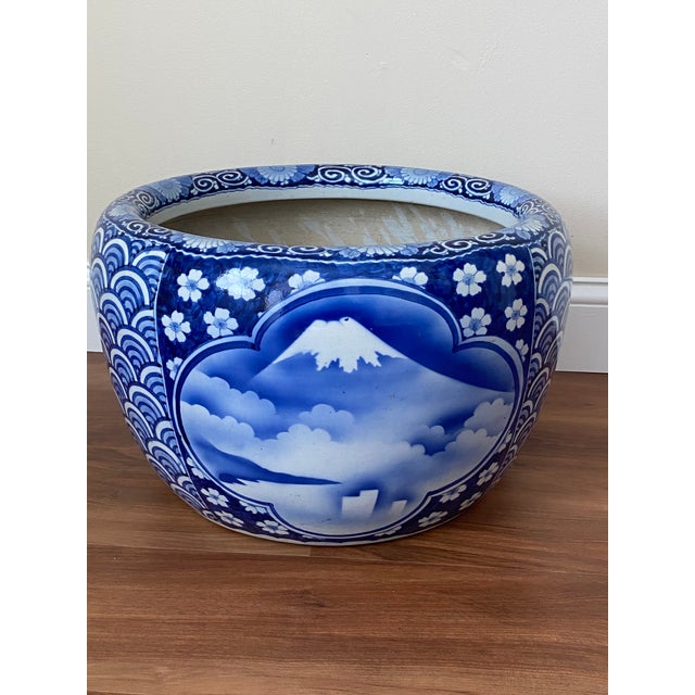 Blue Mid 20th Century Large Blue and White Porcelain Mount Fuji Planter For Sale - Image 8 of 11