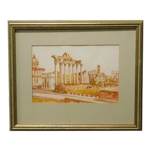 Vintage Roman Ruins Watercolor Painting Signed Bollazzi