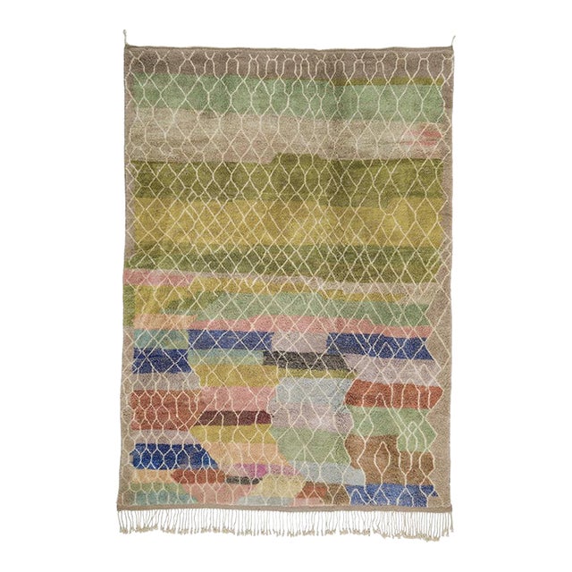 Colorful Honeycomb Trellis Hand-Knotted Moroccan Wool Rug | 13'9" X 9'10" | One of a Kind For Sale