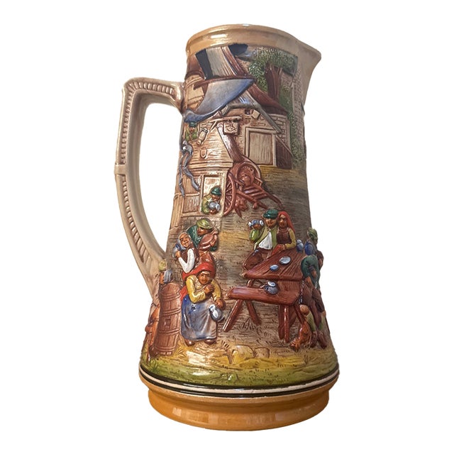 Mid 20 Century Expressionism Mid-Century German Relief-Molded Ceramic Beer Pitcher For Sale