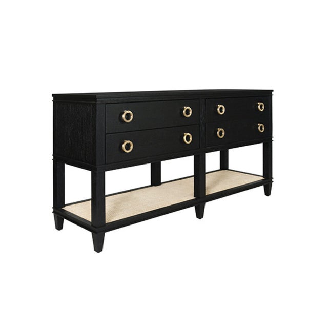 Contemporary Matthew Izzo Home Richmond Black Oak Four Drawer Console With Brass Drawer Pulls and Open Caned Shelf For Sale - Image 3 of 10