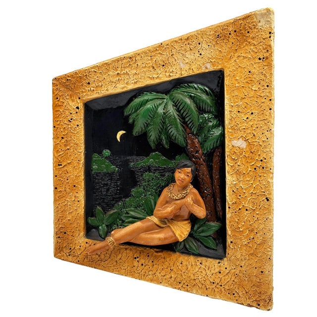 Brown 1950s Rare MCM Tropical Hula Girl & Ukulele Boy Art Pottery 3d Wall Sculptural, Pair For Sale - Image 8 of 13