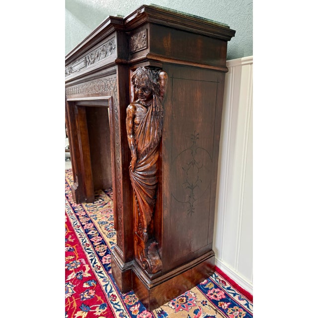 Antique French Fireplace Mantel Surround Marble Top Renaissance Revival Oak 19c For Sale - Image 10 of 18