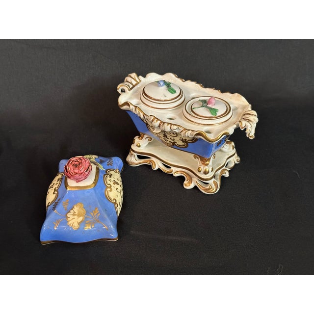 Blue 19th Century French Porcelain Double Inkstand in Rococo Revival Style, Blue & Gilt For Sale - Image 8 of 13