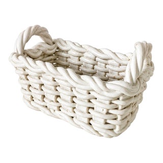 1980s White Ceramic Woven Lattice Rectangular Handled Cachepot or Basket For Sale