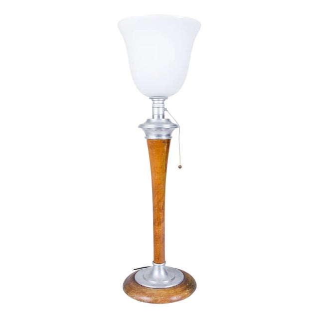 Art Deco Table Lamp in Beech, Aluminium & Milk Glass by Mazda, France, 1920s For Sale