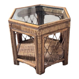 1970s Oversized Rattan and Wicker With Glass Top Hexagon End Table For Sale
