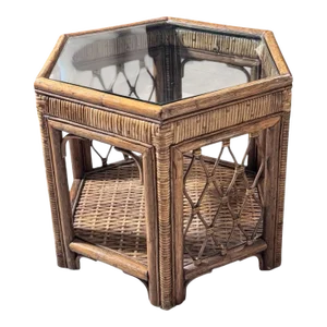 1970s Oversized Rattan and Wicker With Glass Top Hexagon End Table