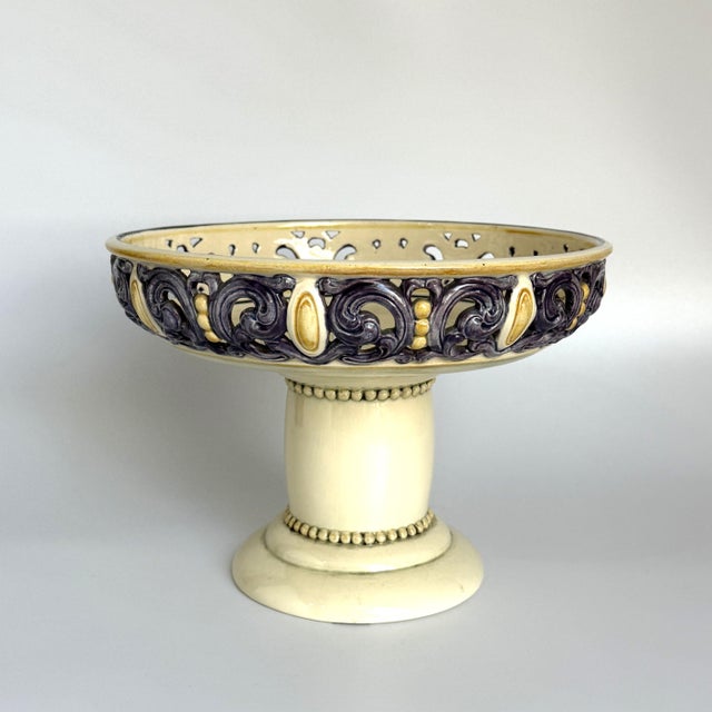 Ivory Art Nouveau Centerpiece / Footed Bowl with Openwork Rim from Karlsruher Majolika, 1890s For Sale - Image 8 of 8