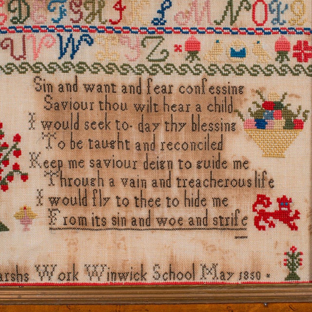 Beige Antique Needlepoint Sampler, English, Handmade, Embroidered Panel, Victorian For Sale - Image 8 of 12