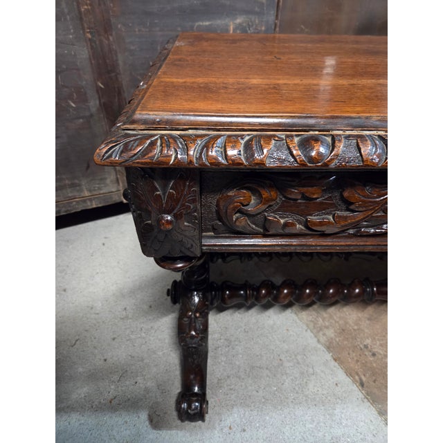 Antique Oak Heavily Carved Late 19th Century Desk With Barley Twist Legs For Sale - Image 9 of 11