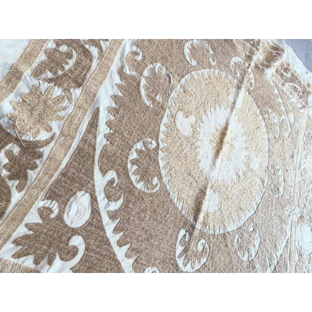 Mid-Century Modern Suzani Wall Decor - Neutral Tan Uzbek Tablecloth For Sale - Image 3 of 7