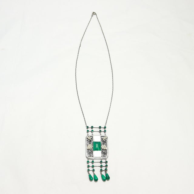 Antique Theodor Fahrner Sterling Silver, Malachite, & Pearl Jugendstil Necklace For Sale - Image 4 of 17
