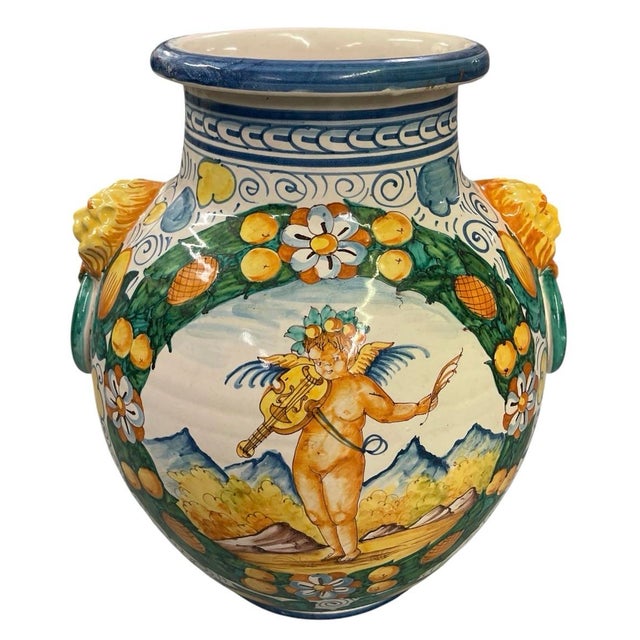 2000 - 2009 Vintage Italian Majolica Style Large Ceramic Urn Vase With Putto and Lion Head Handles For Sale - Image 5 of 11
