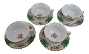 Emerald Green Floral and Lattice Tashiro Shoten Ltd, Nagoya Cup & Saucer - 4 Sets