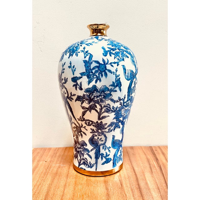 Large blue and white chinoiserie vase with gold and Phoenix birds decoration Hand painted - light smugging 9” D x 18” H 2”...