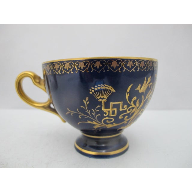 Early 20th Century Carl Knoll Karlsbad European Landscape Gilt Painting Blue Porcelain Cup & Saucer For Sale - Image 5 of 9
