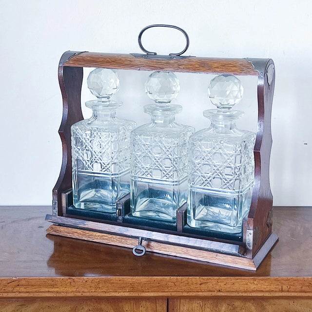Antique Oak & Brass Tantalus With Set of 3 Whiskey or Liqueur Crystal Decanters With Key For Sale - Image 9 of 10