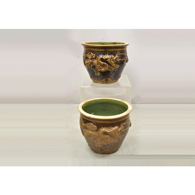 Vintage Chinese Brown Glazed Ceramic Dragon Cachepot Planter Pots - a Pair For Sale - Image 13 of 13