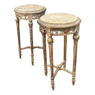 Ornate Gilt Metal & Stone Top Round Side Tables - a Pair For Sale